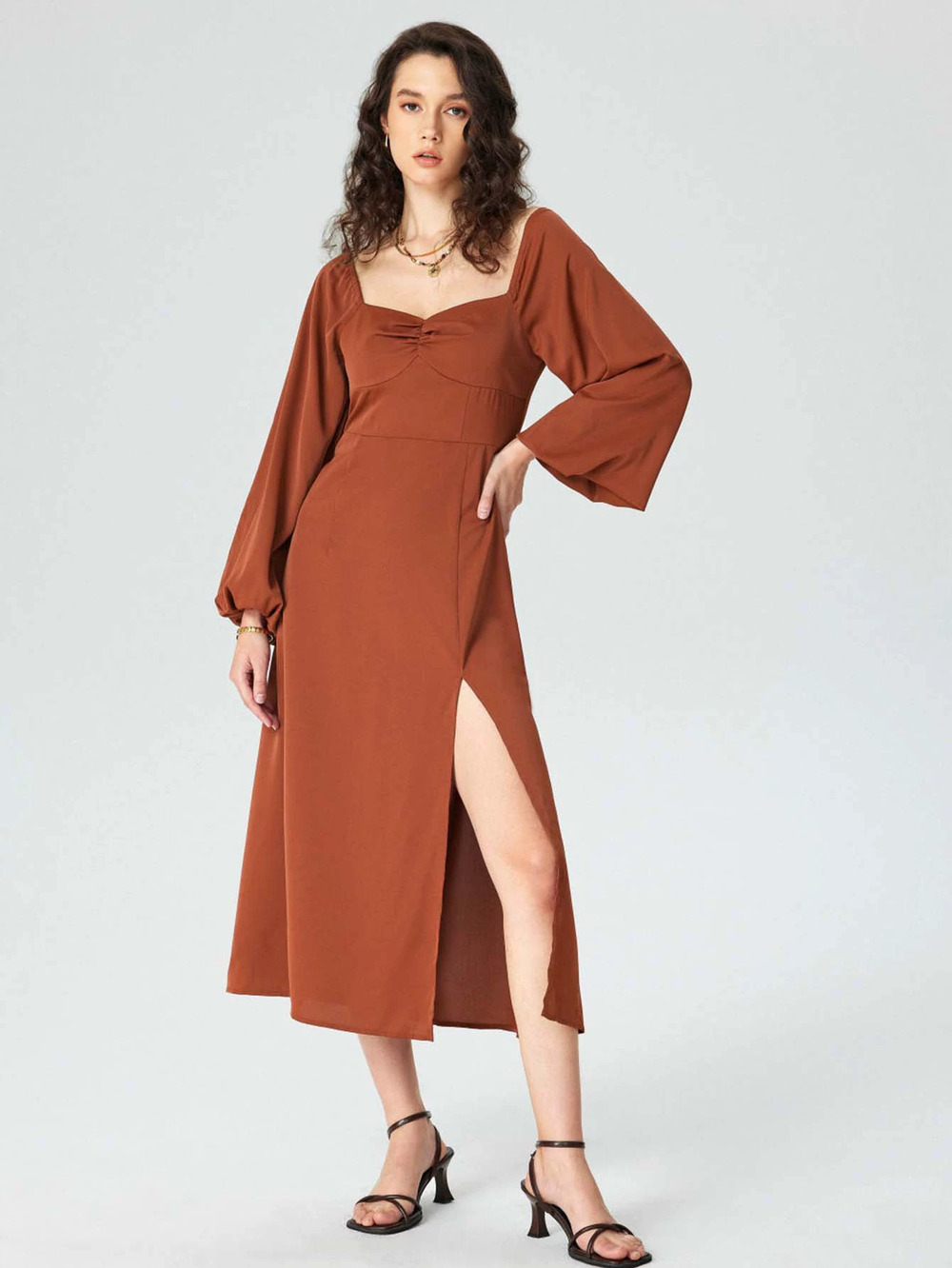 ZARA Sophisticated French Square Neck Midi Slit Dress Fall Winter